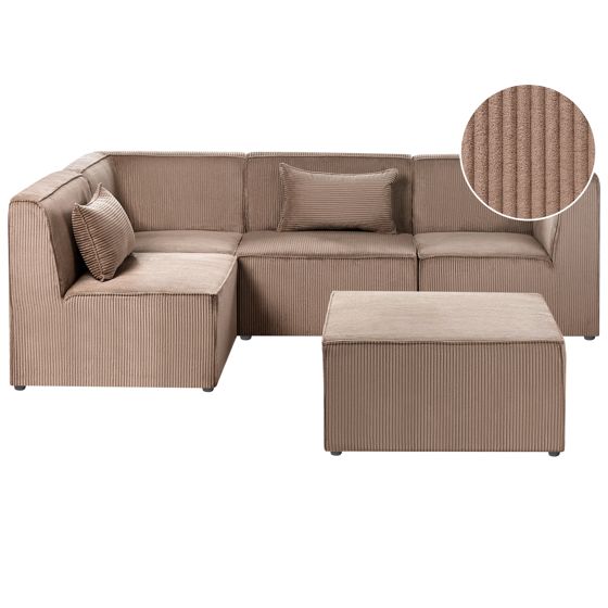 Hjørnesofa modul 4 personers LEMVIG med fodskammel Fløjl Mørk beige Højrevendt