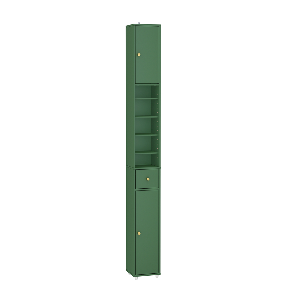 SoBuy BZR34-II-SY Smal badeværelsessøjle - vandafvisende, højt badeværelsesskab med justerbare hylder og skuffe - pladsbesparende skab, MDF mørkegrøn, 20x180x20cm