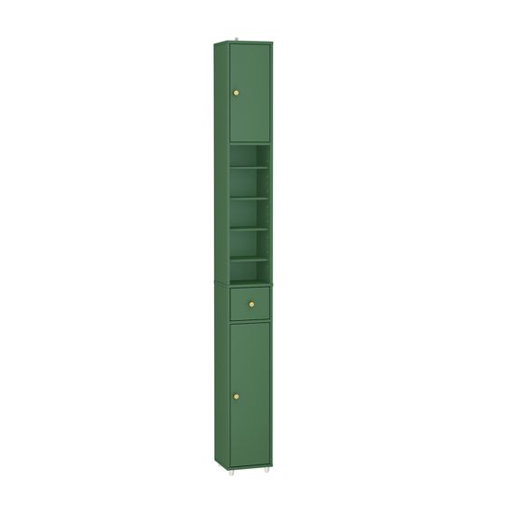 SoBuy BZR34-II-SY Smal badeværelsessøjle - vandafvisende, højt badeværelsesskab med justerbare hylder og skuffe - pladsbesparende skab, MDF mørkegrøn, 20x180x20cm