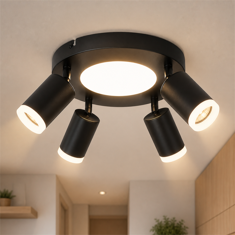 NETTLIFE Loftspotlight med 4 pærer GU10 20W til soveværelse 3000k sort Roterbar 350° metaldrejefunktion