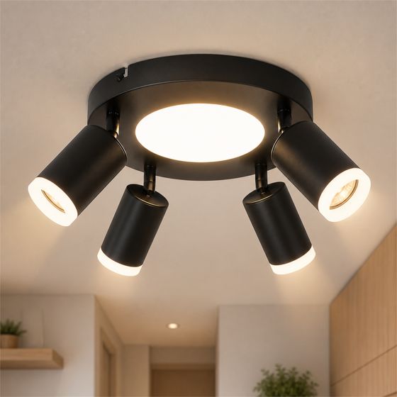 NETTLIFE Loftspotlight med 4 pærer GU10 20W til soveværelse 3000k sort Roterbar 350° metaldrejefunktion