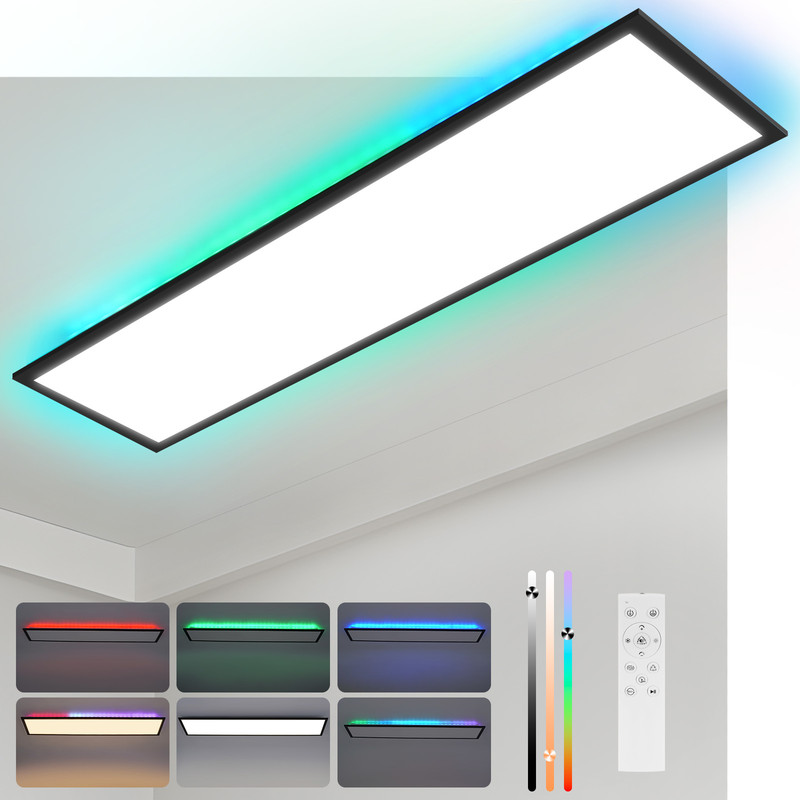 NETTLIFE LED-panel 120 x 30 cm, dæmpbar, lang, flad loftslampe, RGB-farve, med fjernbetjening, 36 W, sort, rektangulær