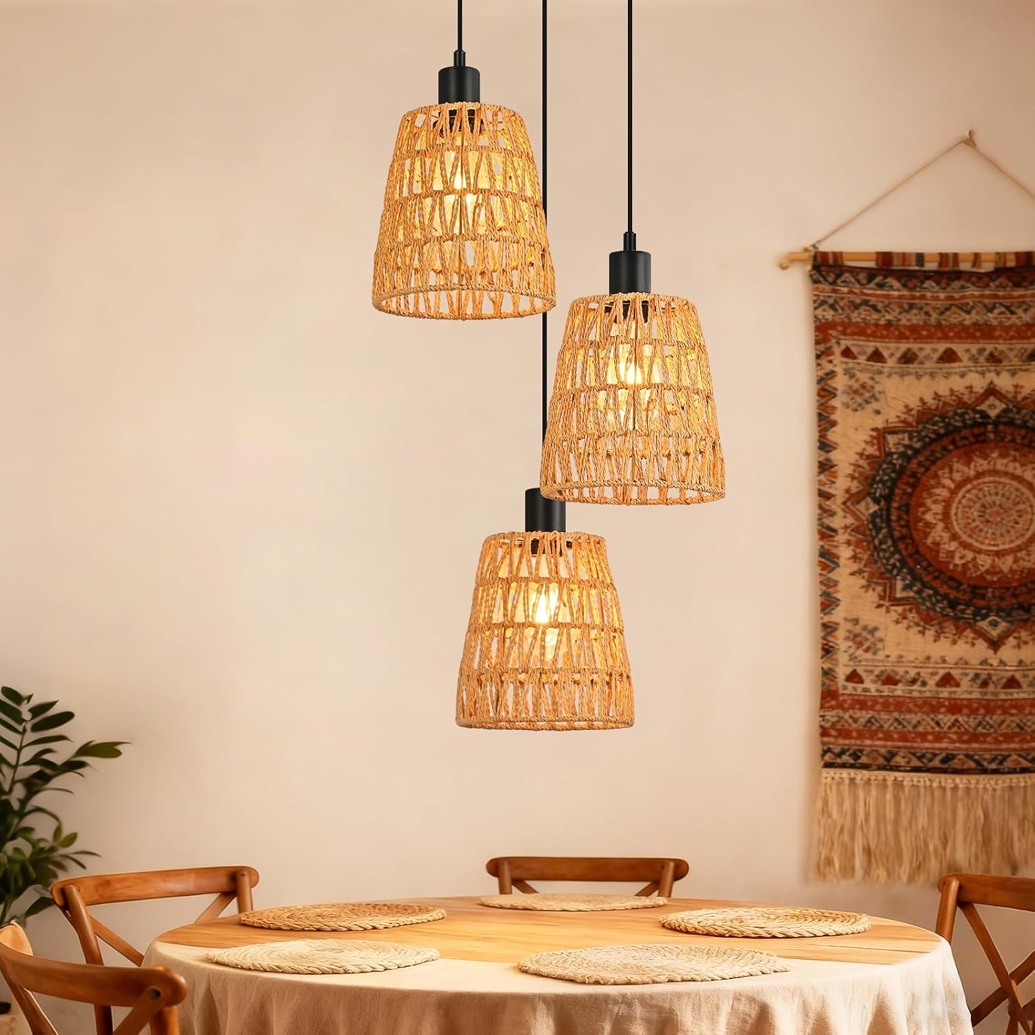 NETTLIFE pendellampe retro boheme rattan pendellampe, højdejusterbar, 3 lyskilder，e27