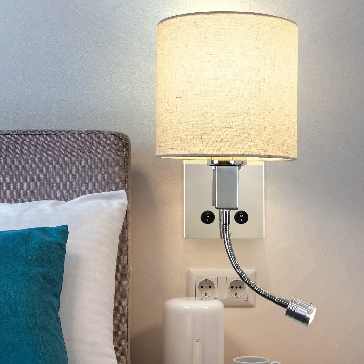 NETTLIFE LED-væglampe med afbryder, indendørs væglampe, læselampe, stofskærm, justerbar natlampe