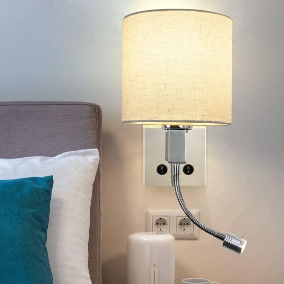 NETTLIFE LED-væglampe med afbryder, indendørs væglampe, læselampe, stofskærm, justerbar natlampe
