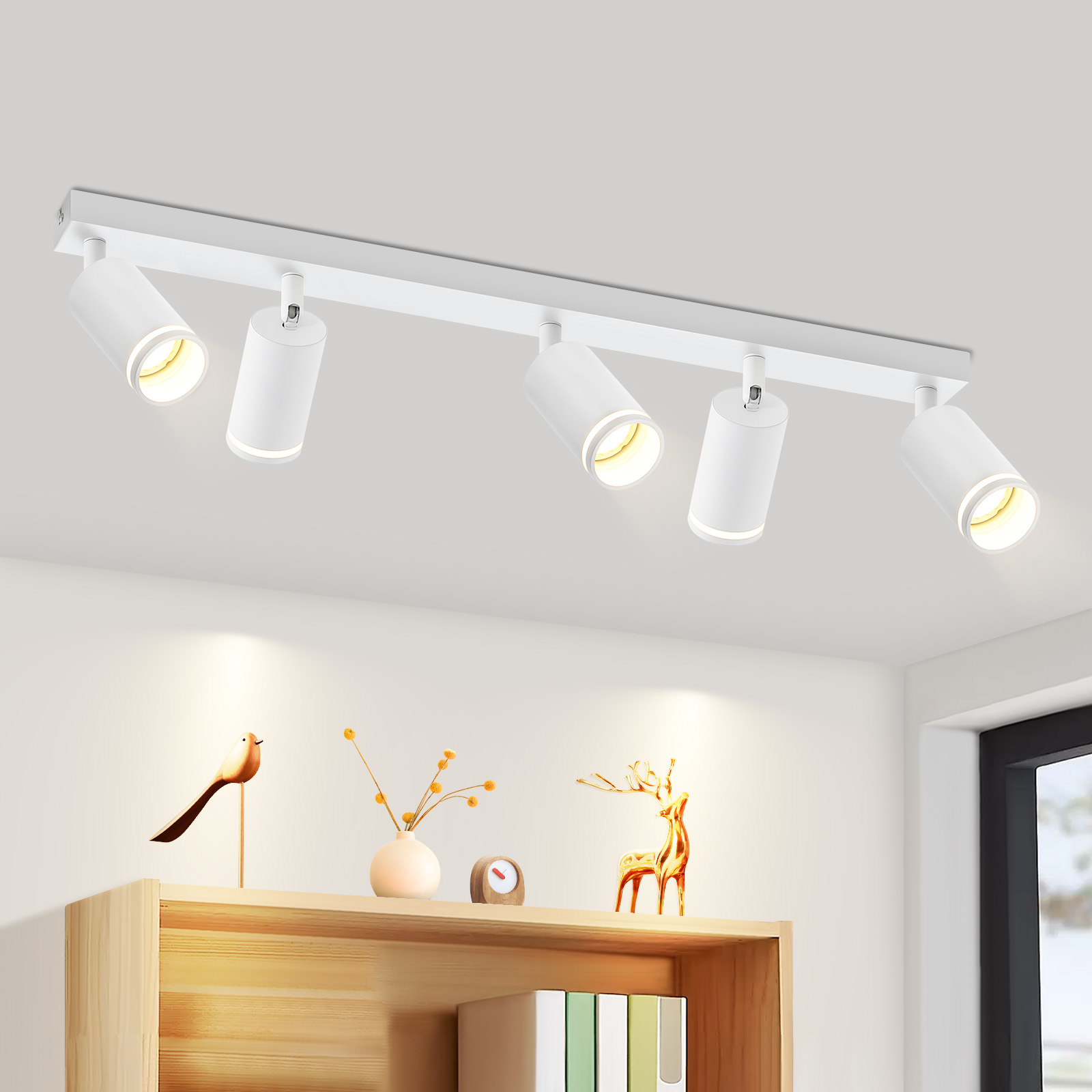 NETTLIFE Moderne loftslampe med 5 spots: Hvid GU10 spotlight, 355° drejelig, metal indendørslamper til køkkenet uden pære