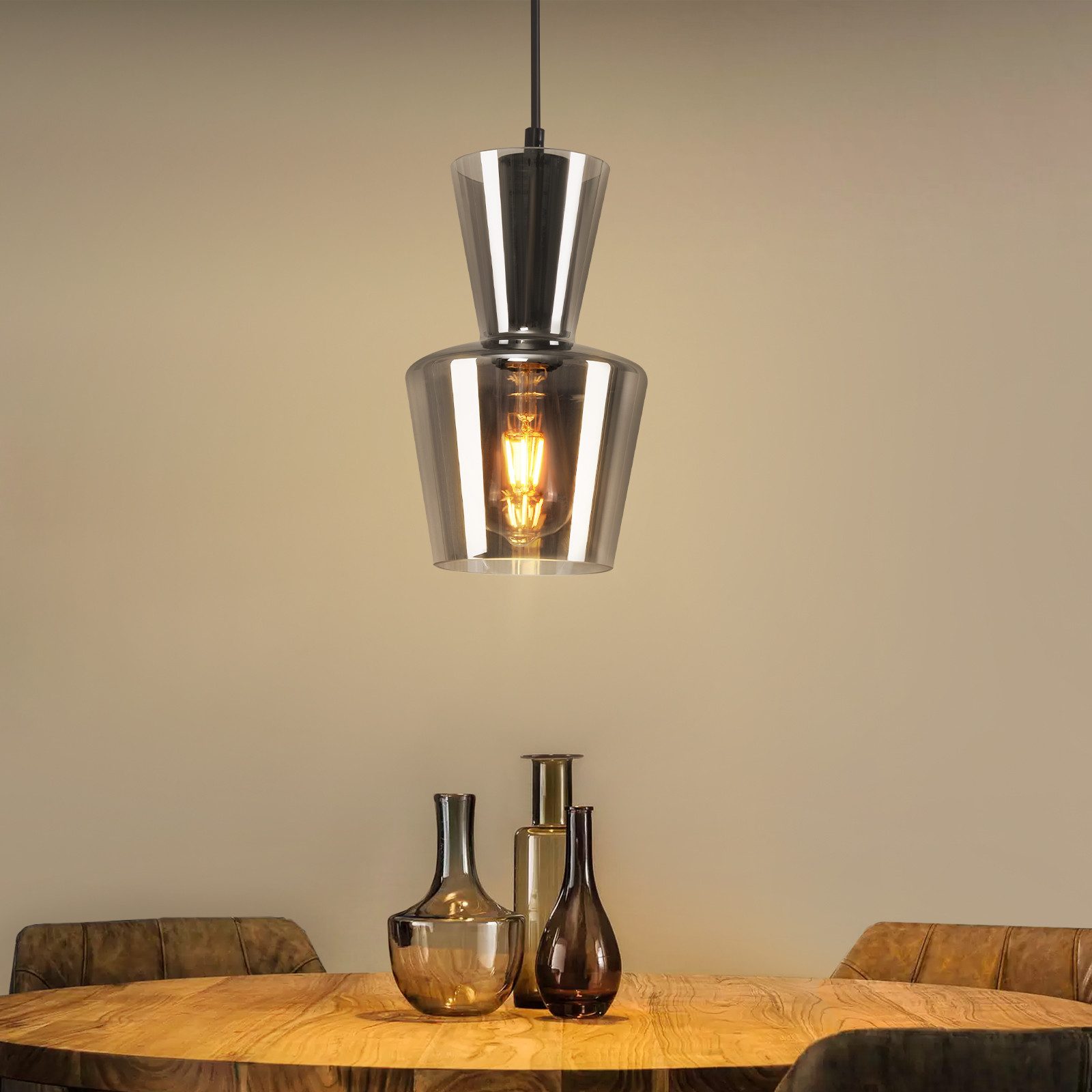 NETTLIFE Vintage, røggrå glas spisebordslampe, E27, til stue eller køkken