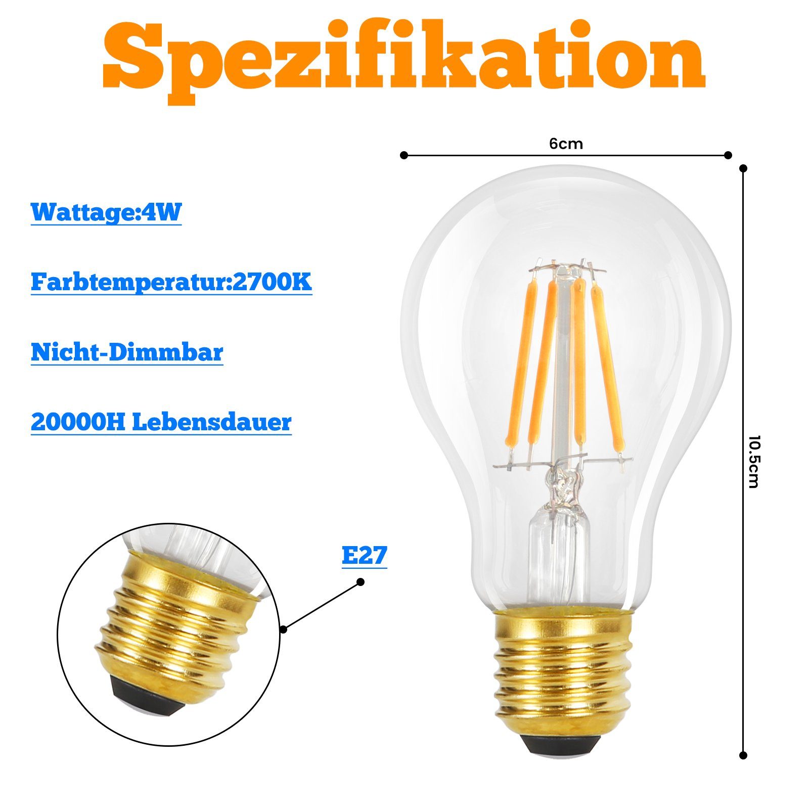 NETTLIFE 3 stk. E27 LED-pærer, Vintage A60 Edison 4W 2700K varm hvid, retro glødetråd, energibesparende, dæmpbar