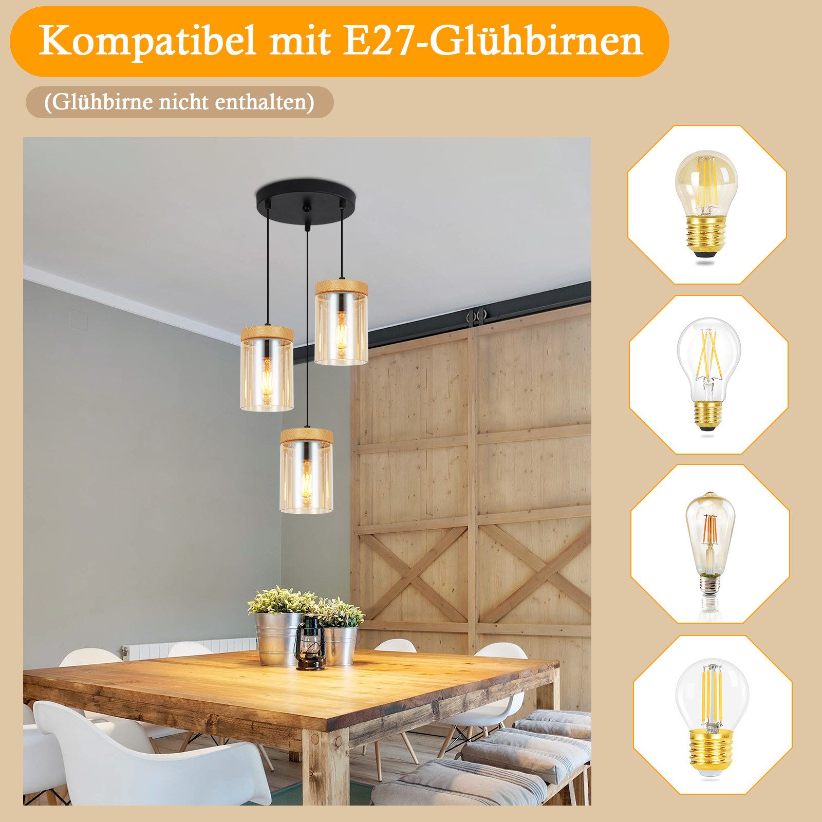 NETTLIFE Spisebordspendellampe, 3 flammer, vintage - glas, E27, pendellampe til stue