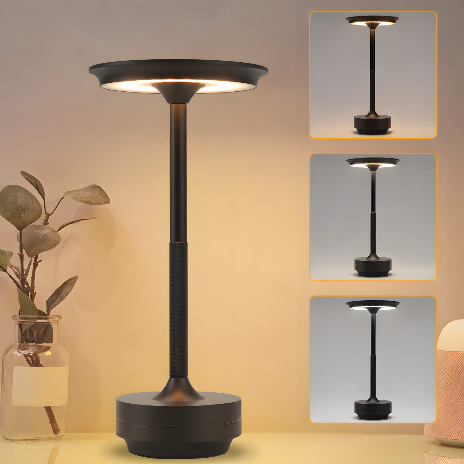 NETTLIFE Trådløs LED-sengelampe, USB-genopladelig, Touch, Dæmpbar, Sort