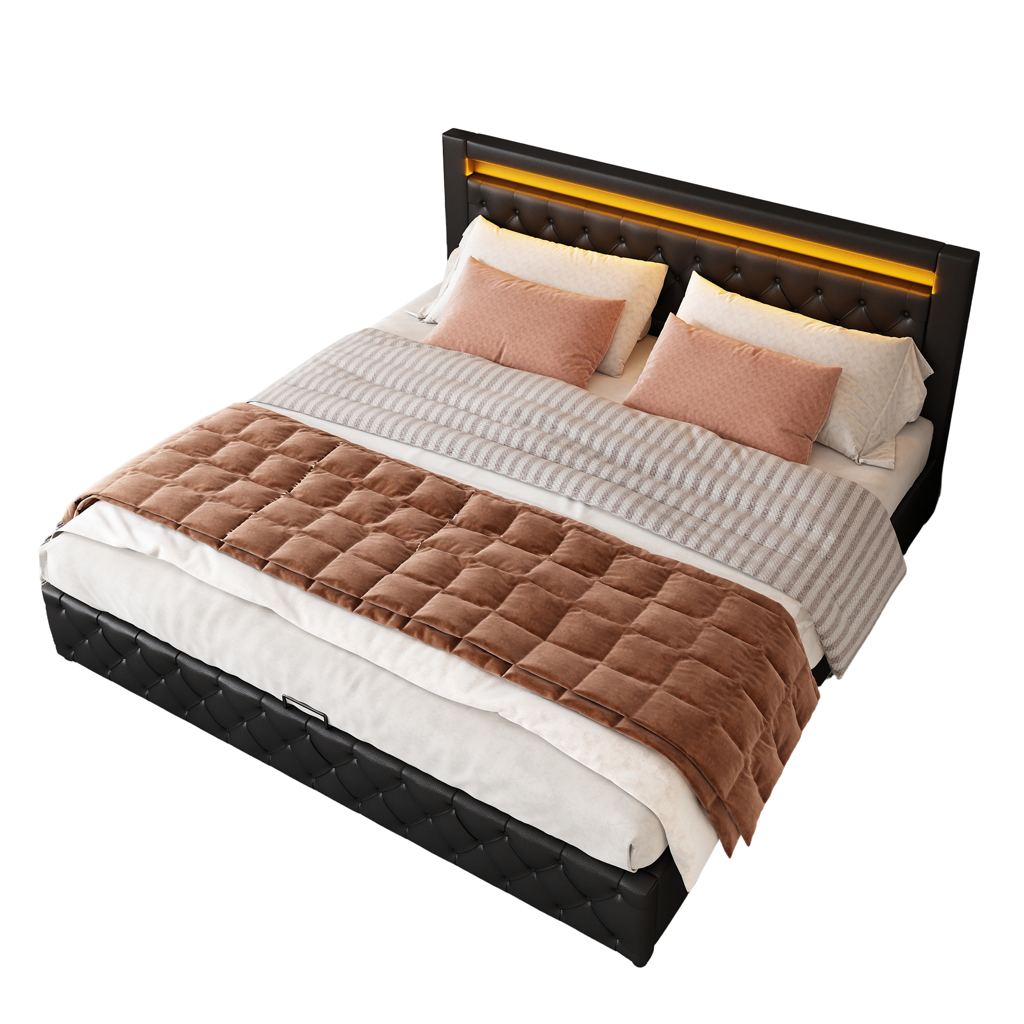 seng 180x200 cm sort pu robust med opbevaringsplads og led-belysning