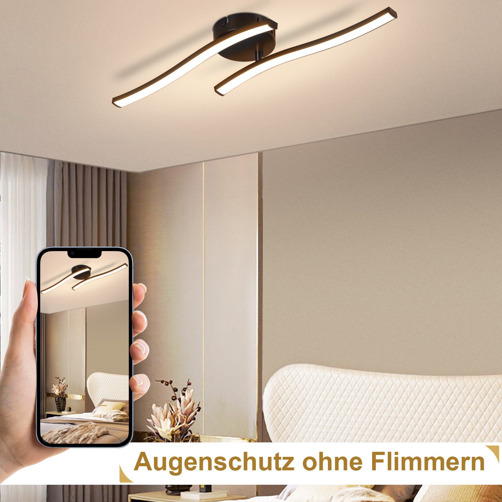 NETTLIFE LED loftlampe til stue, loftlampe til soveværelse, moderne sort, 12 W, 3000 K, til indendørs brug, varm hvid