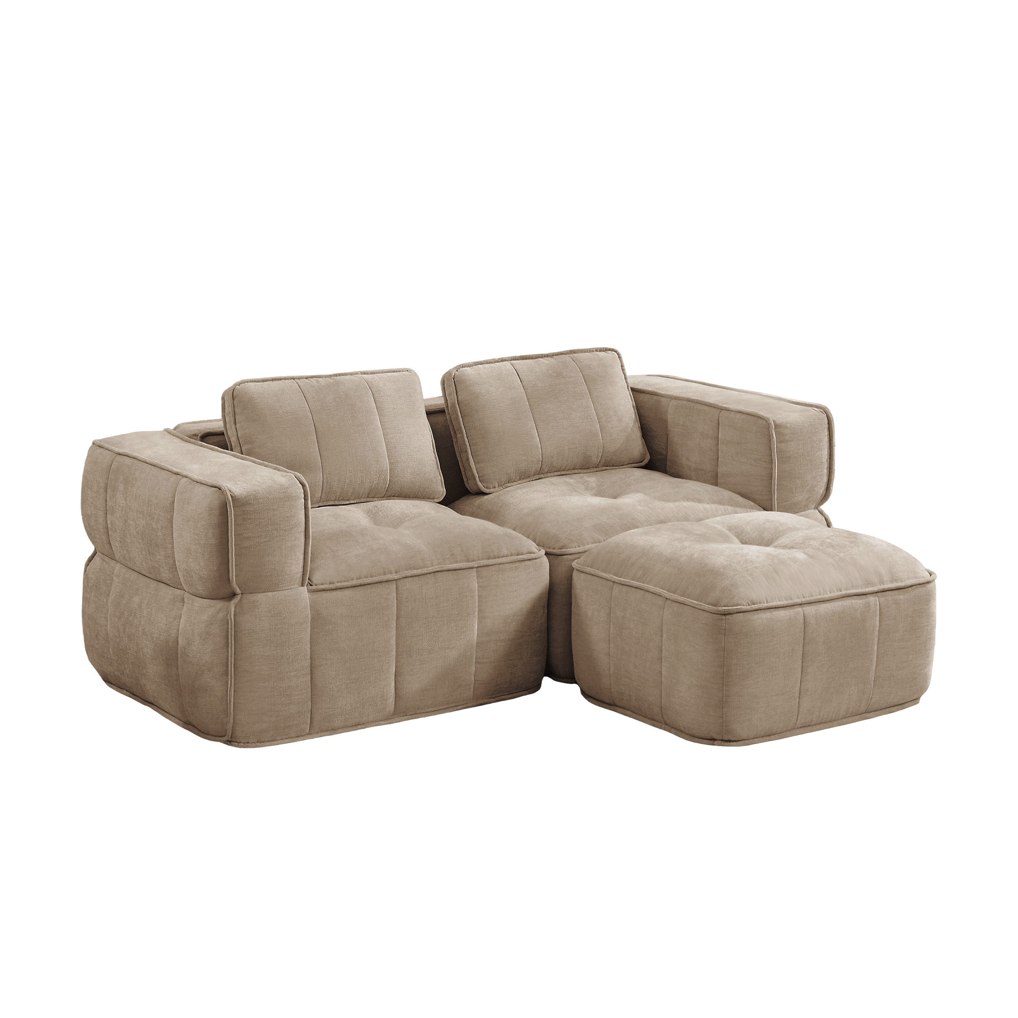 2-personers sofa med skammel, minimalistisk, polyester-sandfarvet