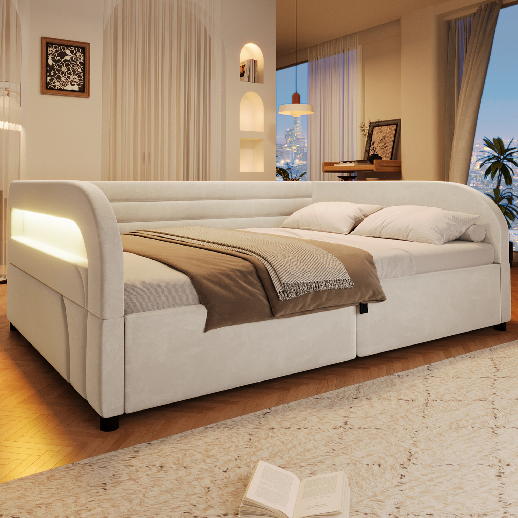 seng 140x200 cm beige fløjl med hydraulisk opbevaring og led-belysning