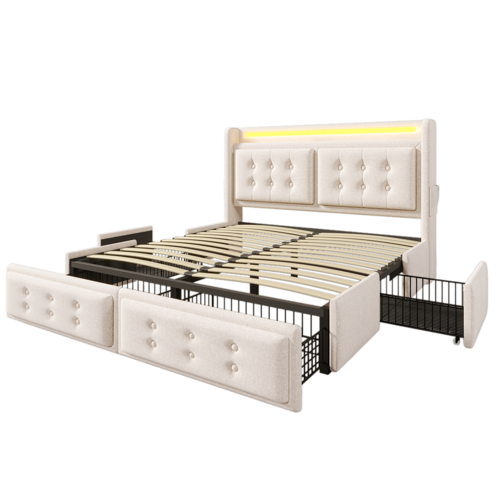 seng 180x200 cm beige stof med 4 skuffer led-belysning og usb-c