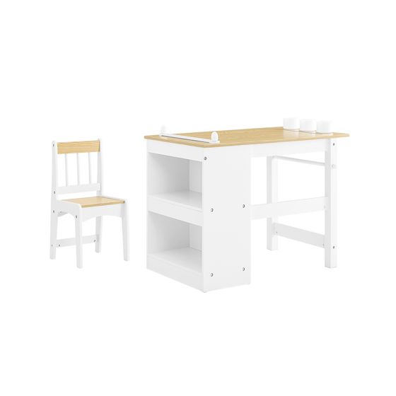 SoBuy KMB60-WN Børnebord med 1 stol, børnebord og -stole til flere aktiviteter med 2 hylder, tegne- og spillebord, skrivebordsstol til børn hvid og natur 80x50x66cm