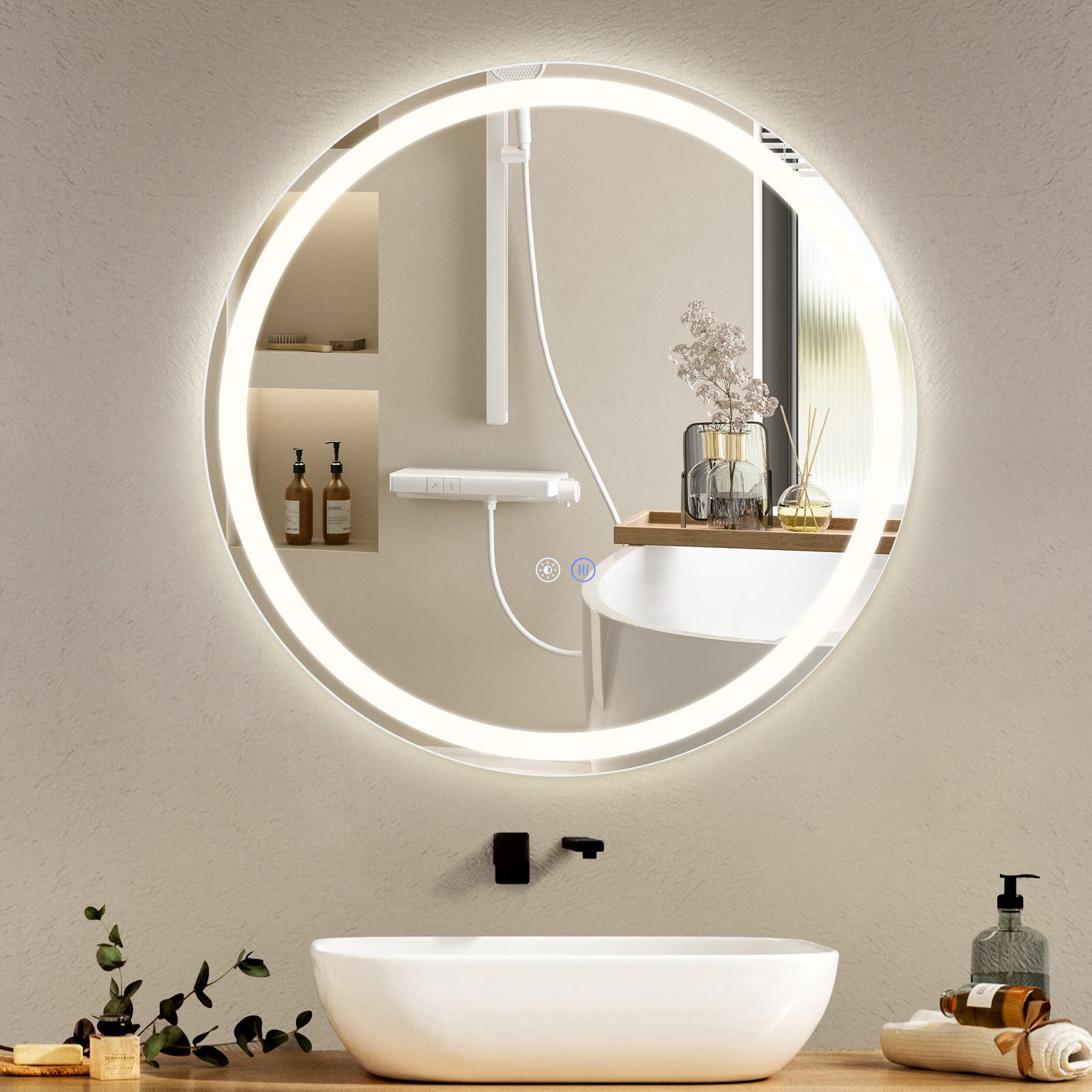 NETTLIFE oplyst badeværelsesspejl - rundt 50 cm LED, vægmonteret, berøringsafbryder, dugfri, IP44 justerbar 3000K -6500K