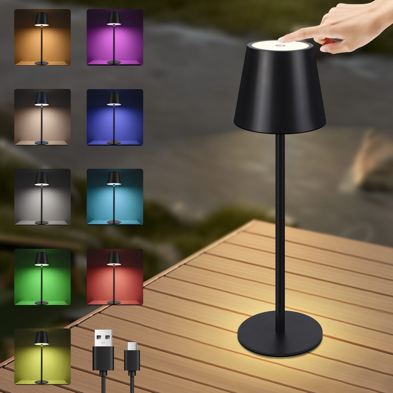 Nettlife trådløs sengebordslampe, RGB LED 2600m Ah, genopladelig udendørs bordlampe, touch, dæmpbar, sort, TYPE - C/USB