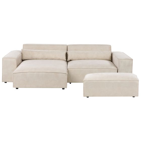 Hjørnesofa modul 3 personers HELLNAR med fodskammel Velour Lys Beige Højrevendt