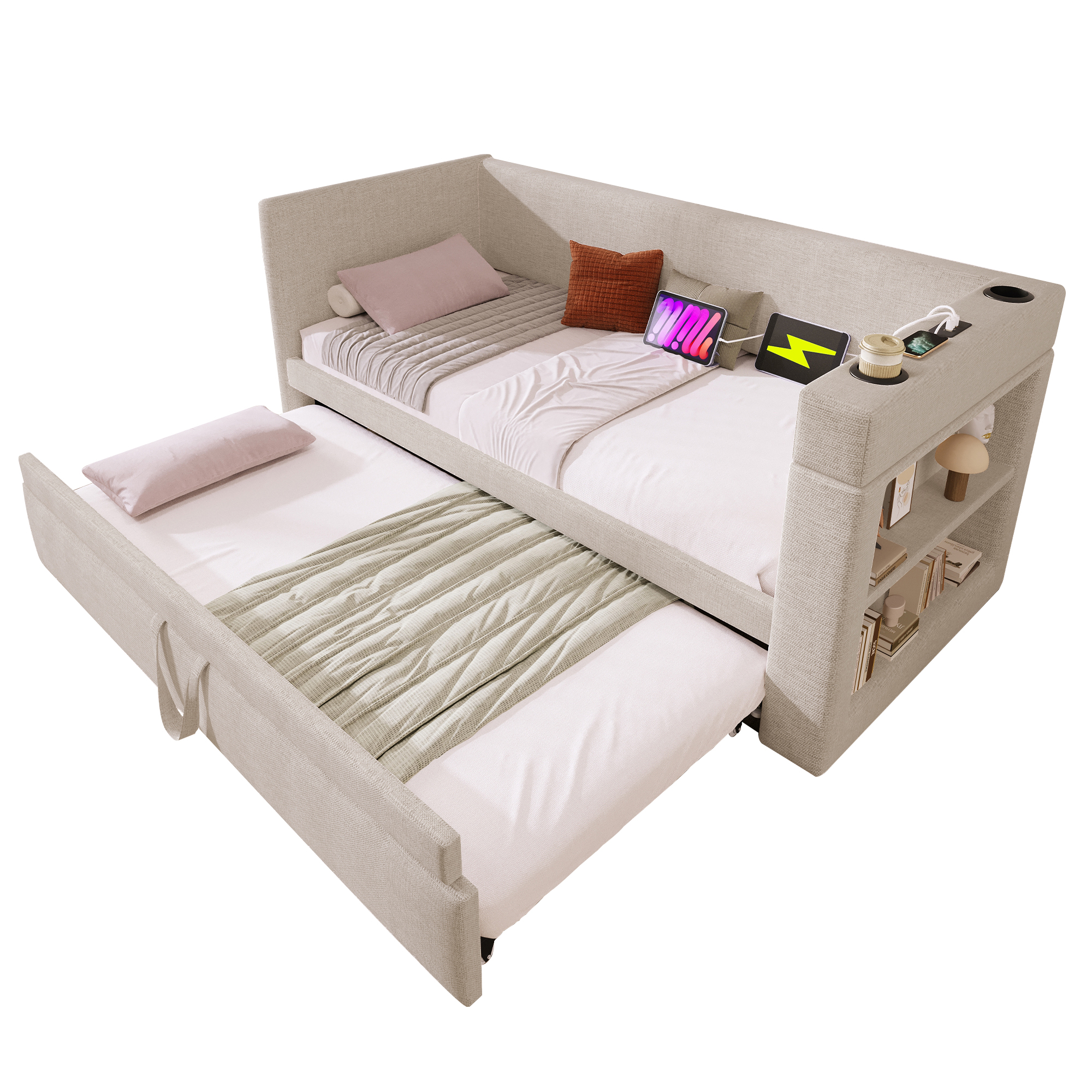 seng 90x190 cm beige i bomuld og linned justerbar med udtrækket seng og usb-ladestation