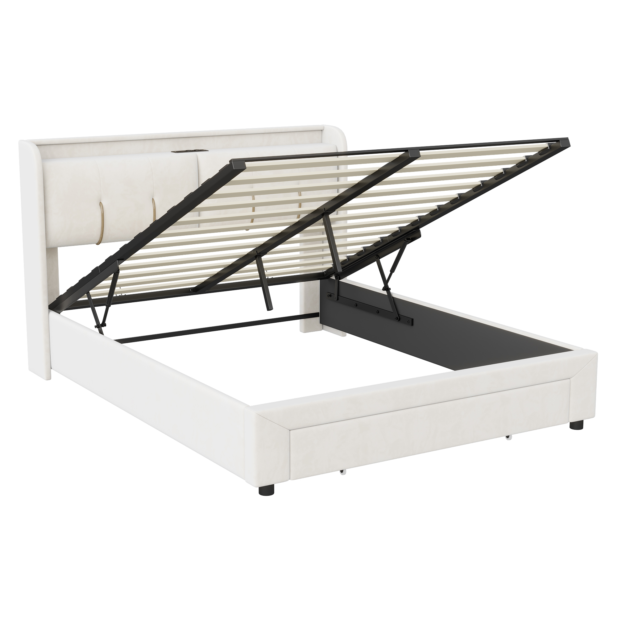 seng med opbevaring 160x200 cm beige i massivt træ og MDF med LED-belysning og USB-stik