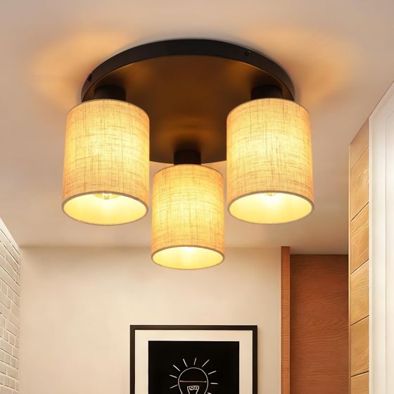 NETTLIFE loftlampe sort, 3 lyskilder, rund stofskærm i vintagestil, retro boho entrélampe