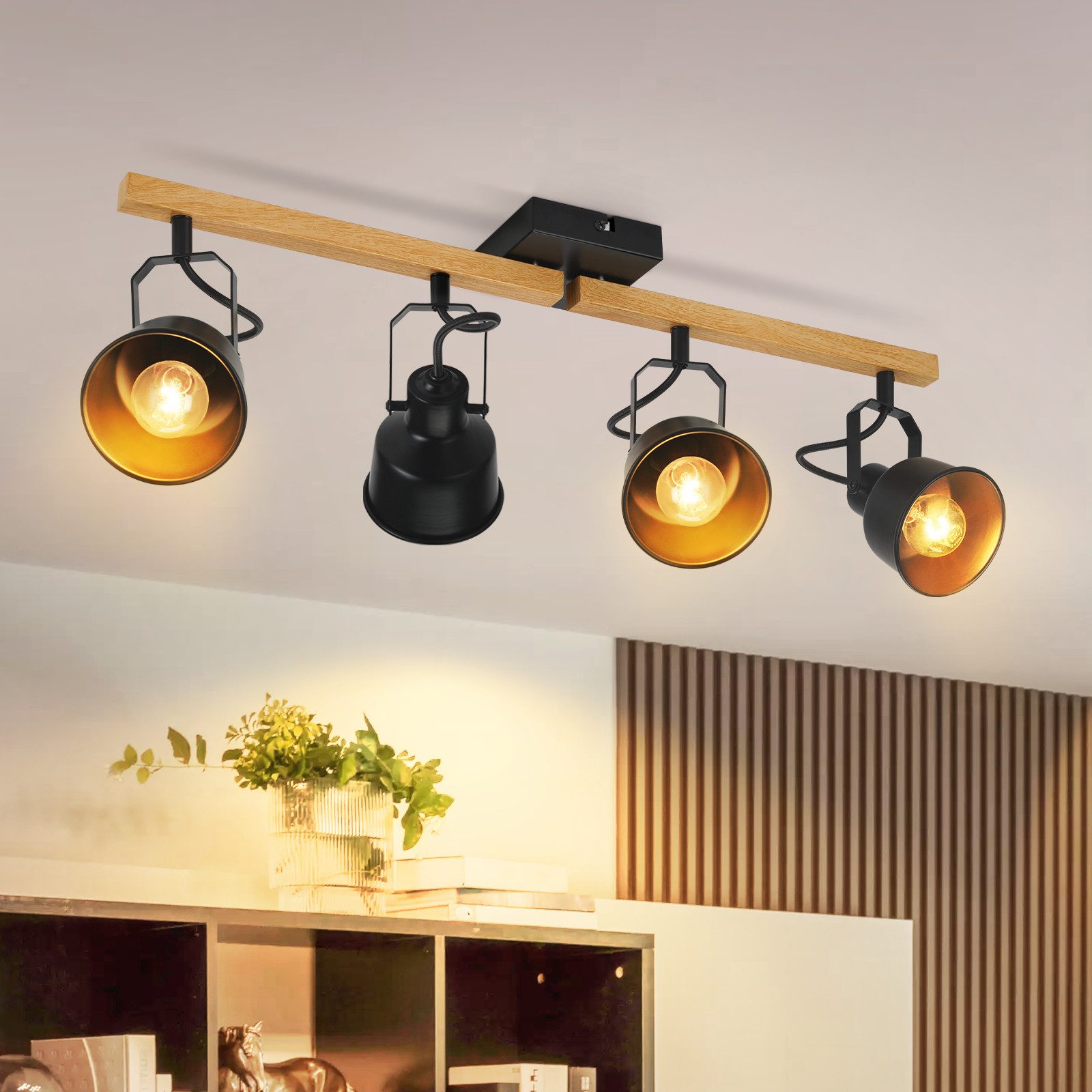 NETTLIFE loftspotlight, 4 flammer, justerbar 350°, vintage-stil, E14, design i høj kvalitet, træmønster