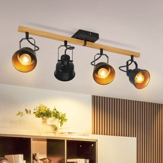NETTLIFE loftspotlight, 4 flammer, justerbar 350°, vintage-stil, E14, design i høj kvalitet, træmønster