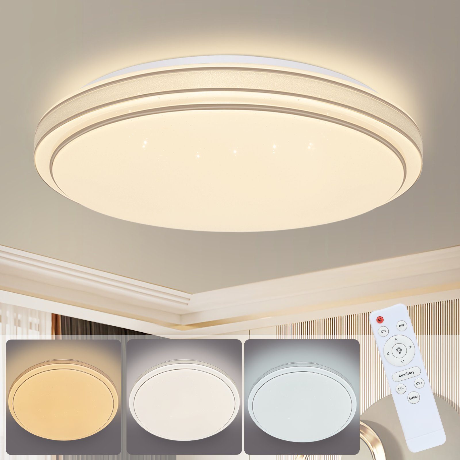 NETTLIFE Moderne Rund LED Loftlampe 23W Dæmpbar Soveværelseslampe med Fjernbetjening 27cm Stjernehimmelslampe Køkken