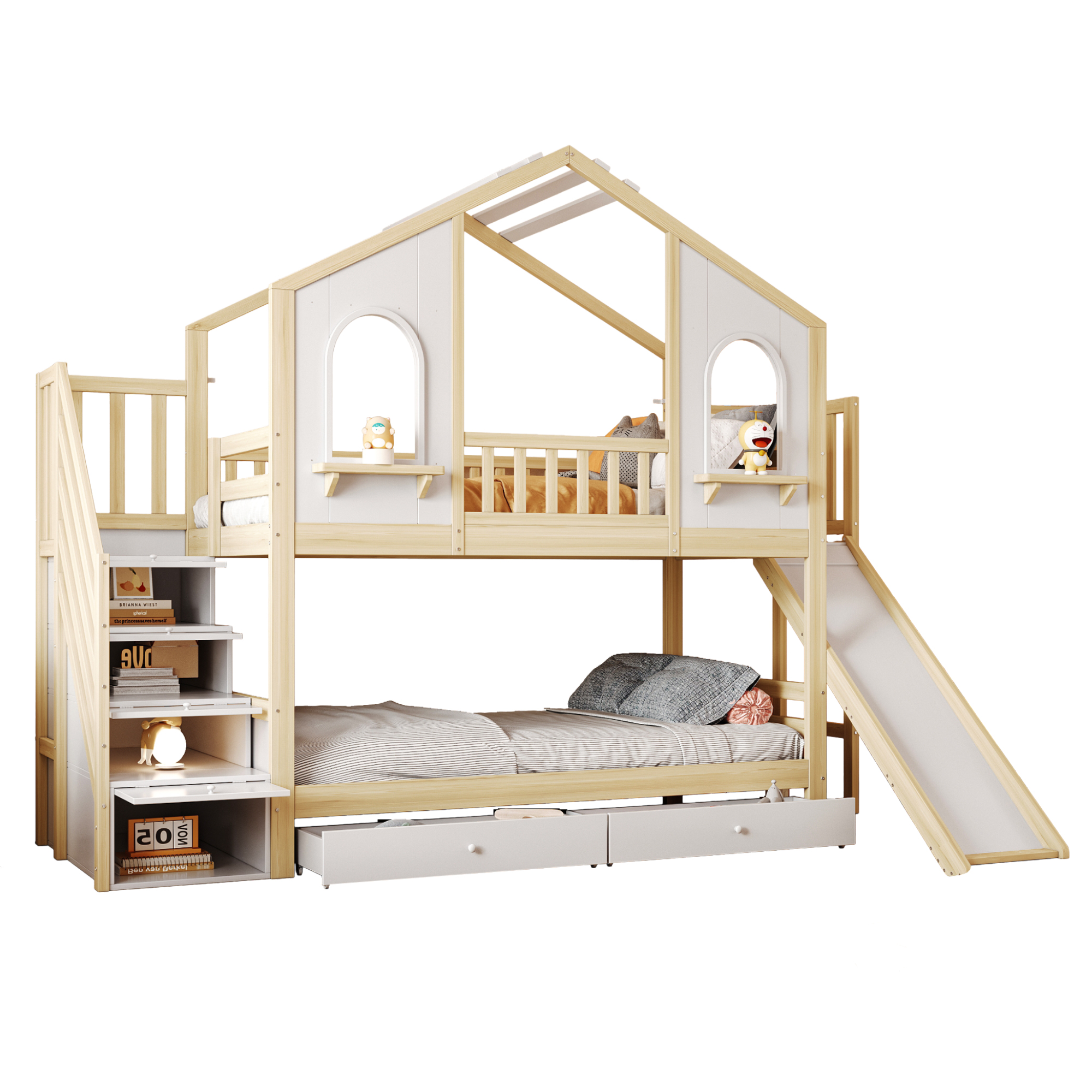 køjeseng 90x200 cm hvid og naturlig træ med rutsche sikkerhedsskinner skuffer og opbevaringsplads