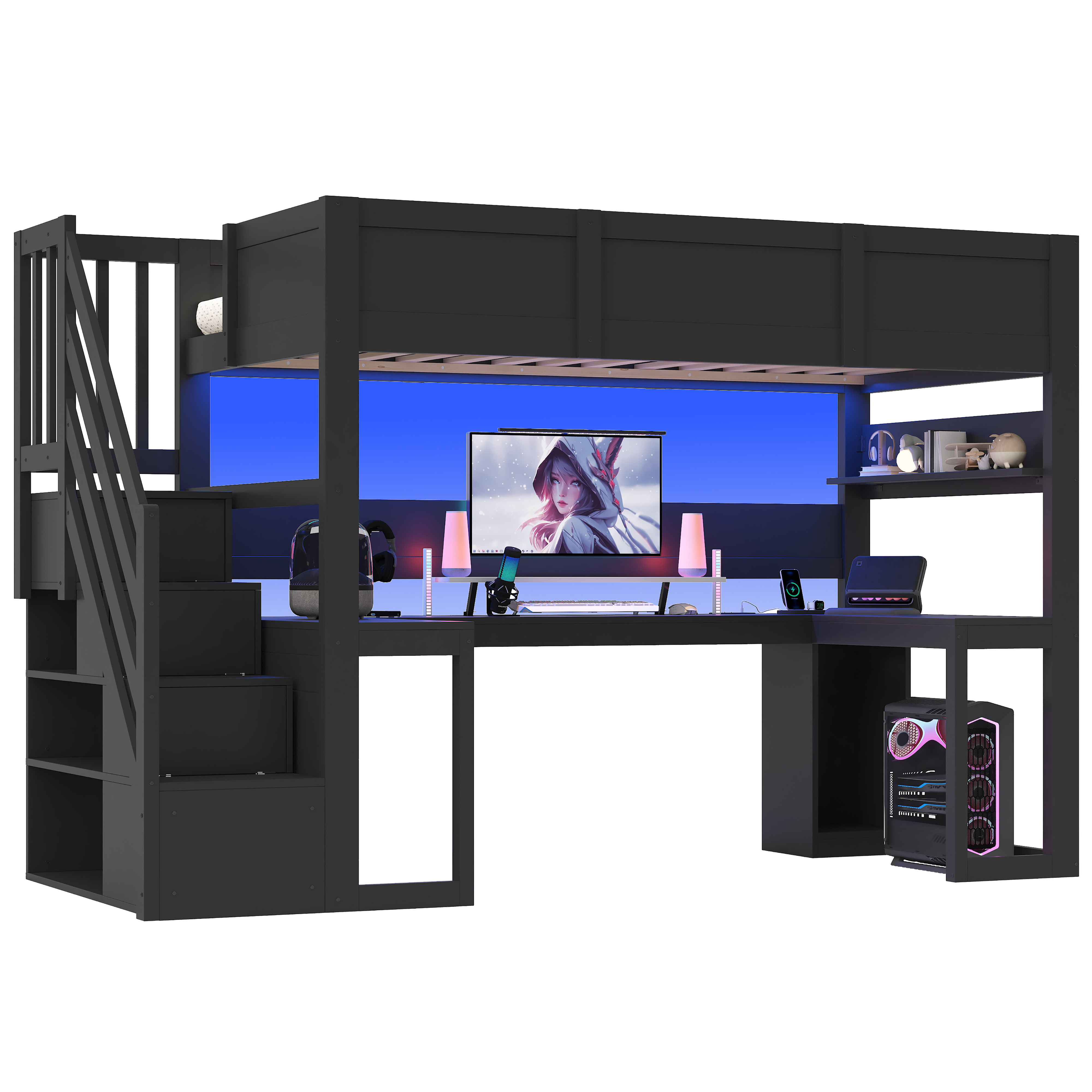 Hemseseng 90x200 cm med skrivebord, LED-belysning og USB-stik, sort