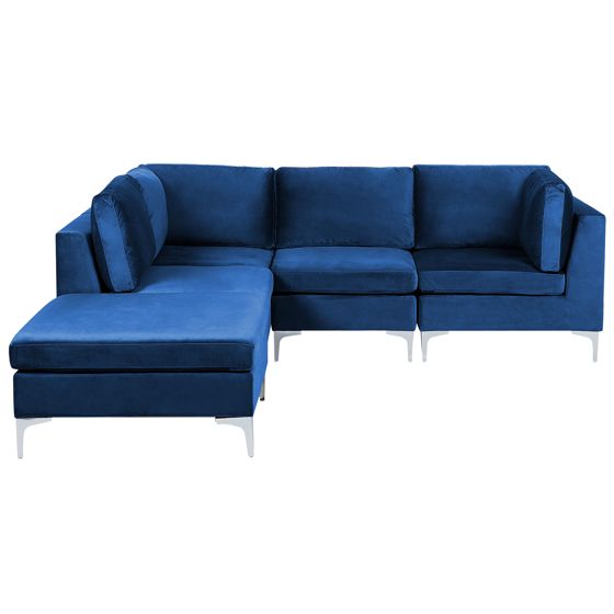 Hjørnesofa modul 4 personers EVJA med fodskammel Velour Navy Blå Højrevendt