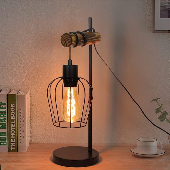 NETTLIFE Retro Bordlampe, 1 Flamme Vintage Natbordslampe, Metal og Træ - Sort - Sokkel: E27 - Afbryder, Inkluderer Pærer