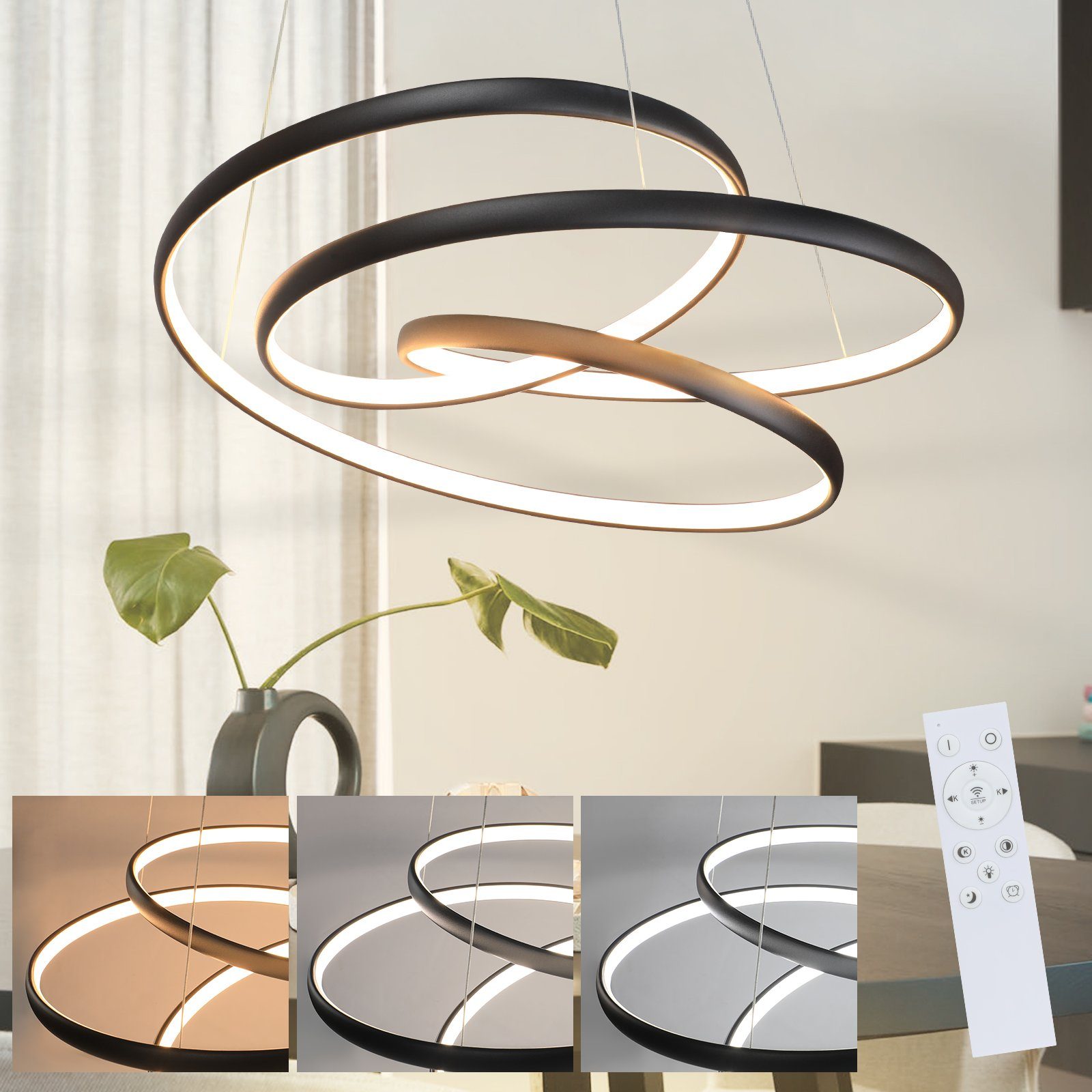 NETTLIFE LED - pendellampe, sort jern, diameter 24 cm dæmpbar, 50 cm, moderne pendellampe med fjernbetjening til stue, lampe 55W