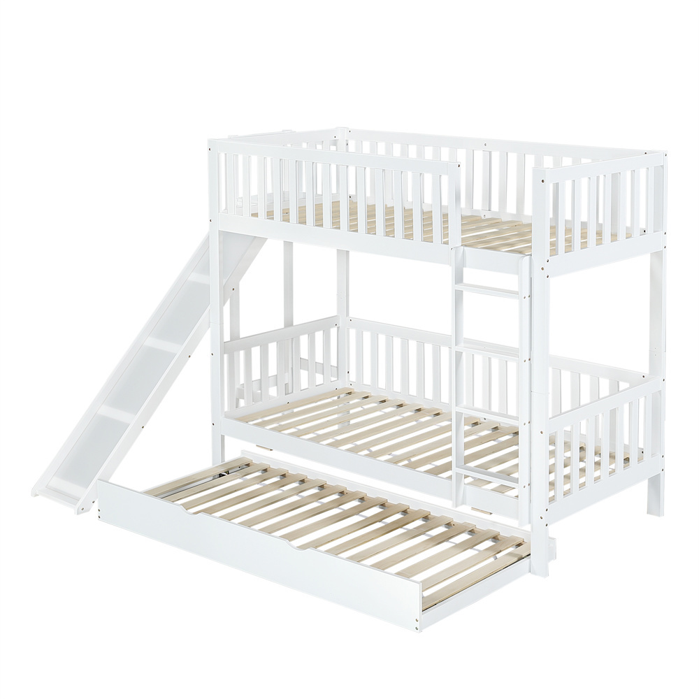 Køjeseng 90 x 200/190 cm, Hvid, Fyr + MDF, Udtrækkelig + Rutschebane + Stige + Hylder