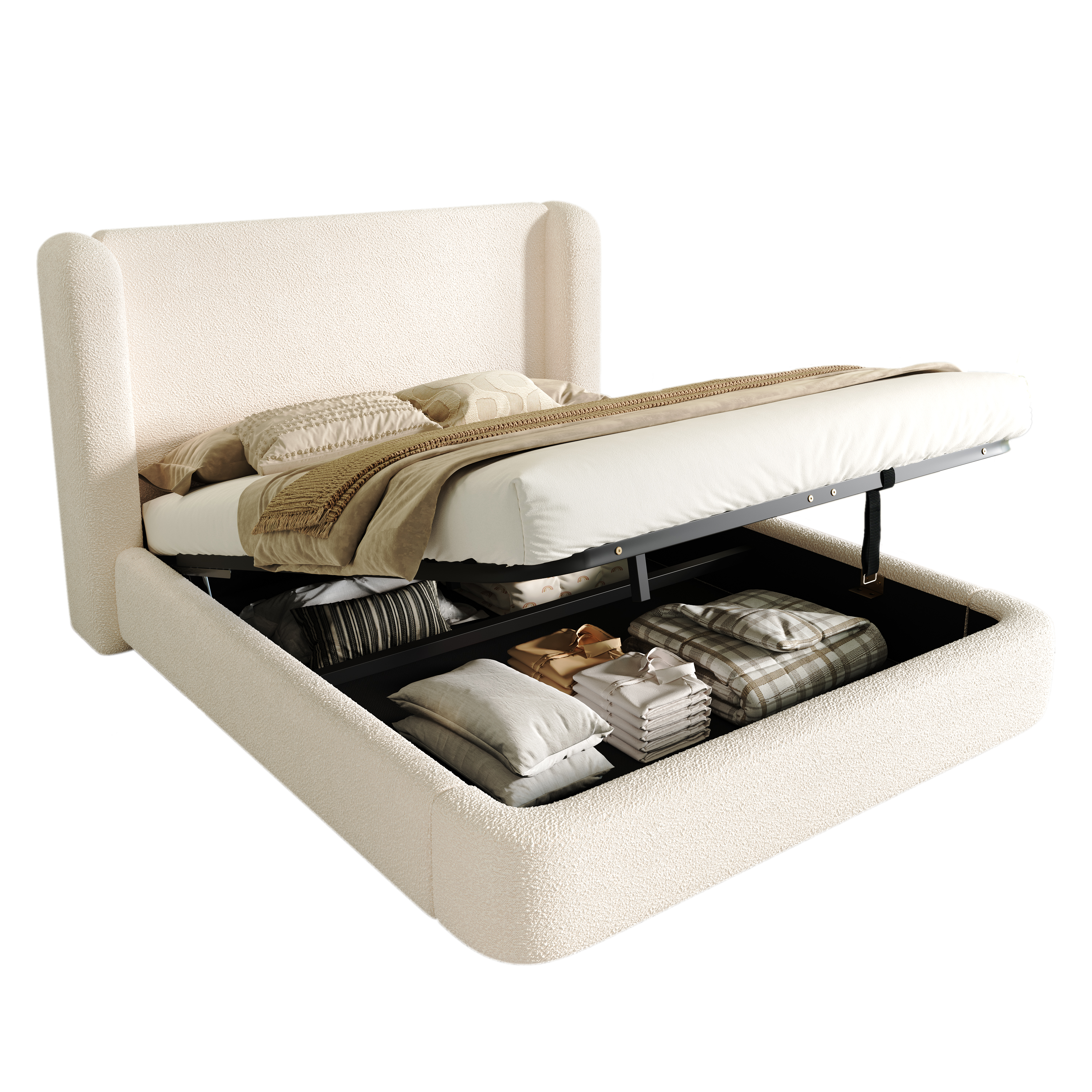 seng 160x200 cm beige bouclé metal med opbevaringsplads og justerbart gepolstret hovedstykke