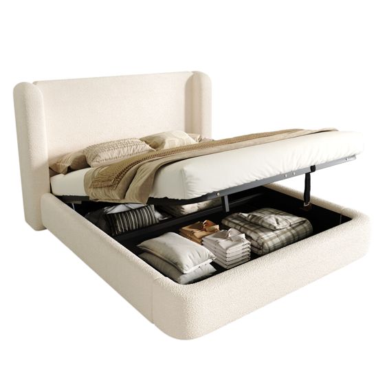 seng 160x200 cm beige bouclé metal med opbevaringsplads og justerbart gepolstret hovedstykke