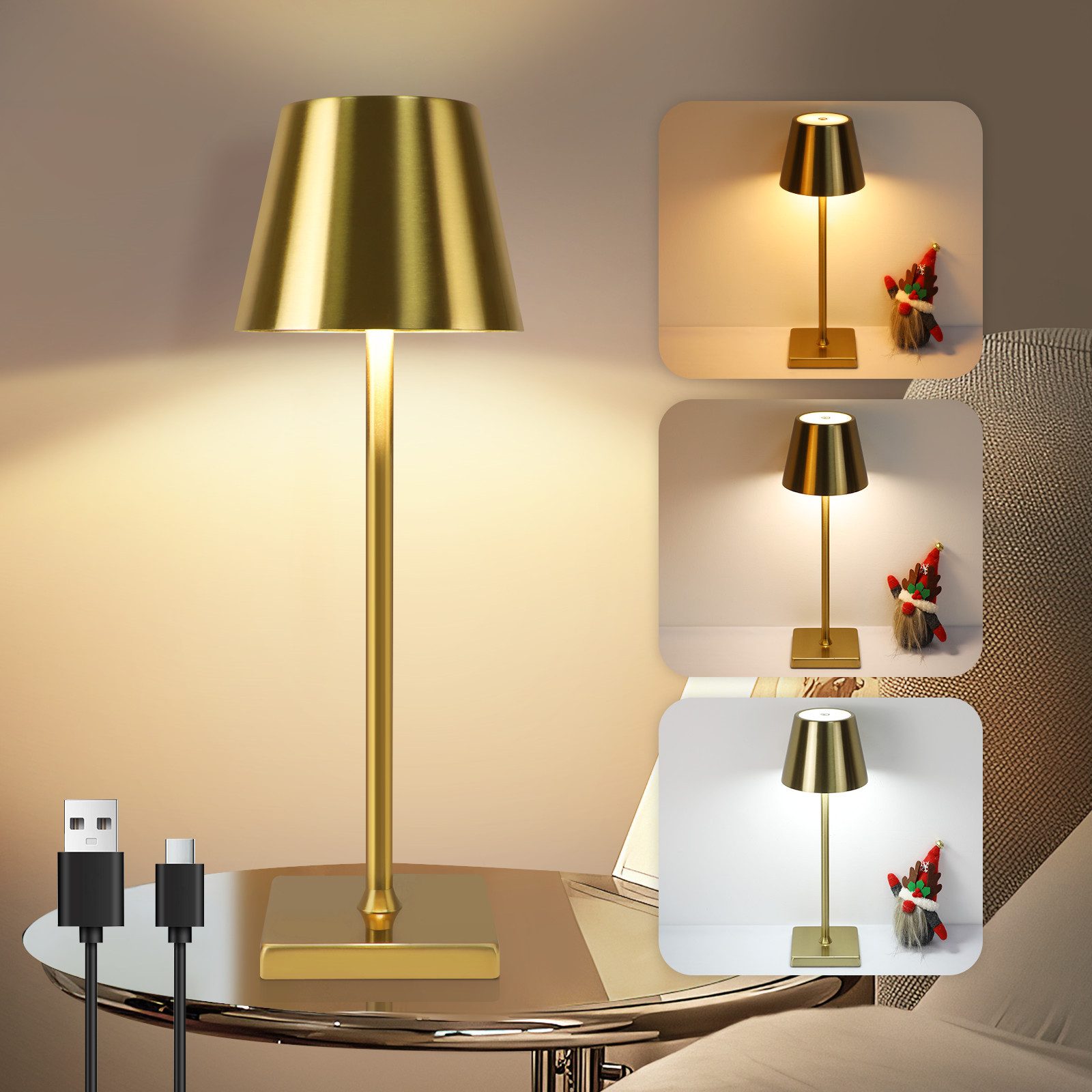 NETTLIFE Vintage, Guld, LED - bordlampe, Trådløs berøringsdæmpbar, sengelampe, 3 farvetemperaturer