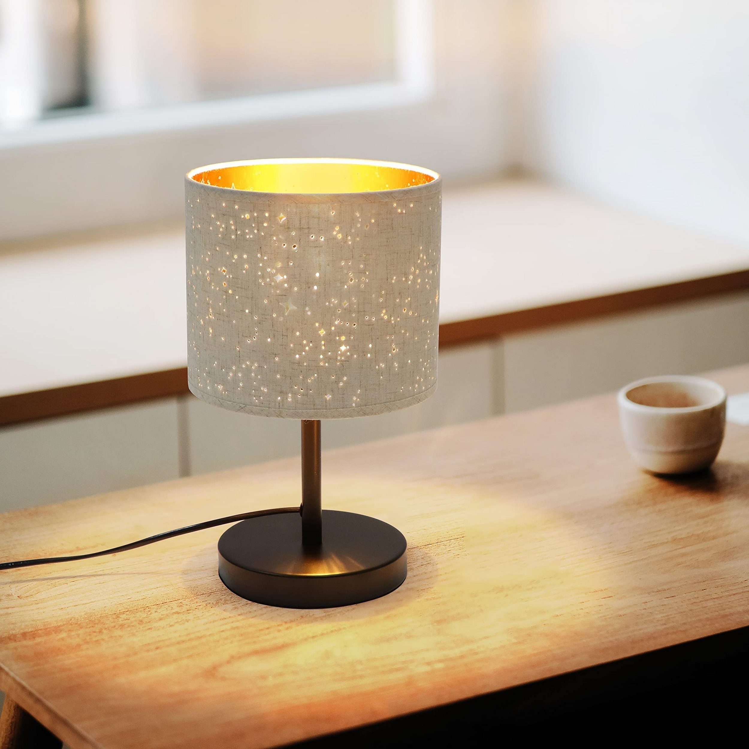 NETTLIFE rustik bordlampe stof natlampe E27 vintage retro stjernemønster hvid