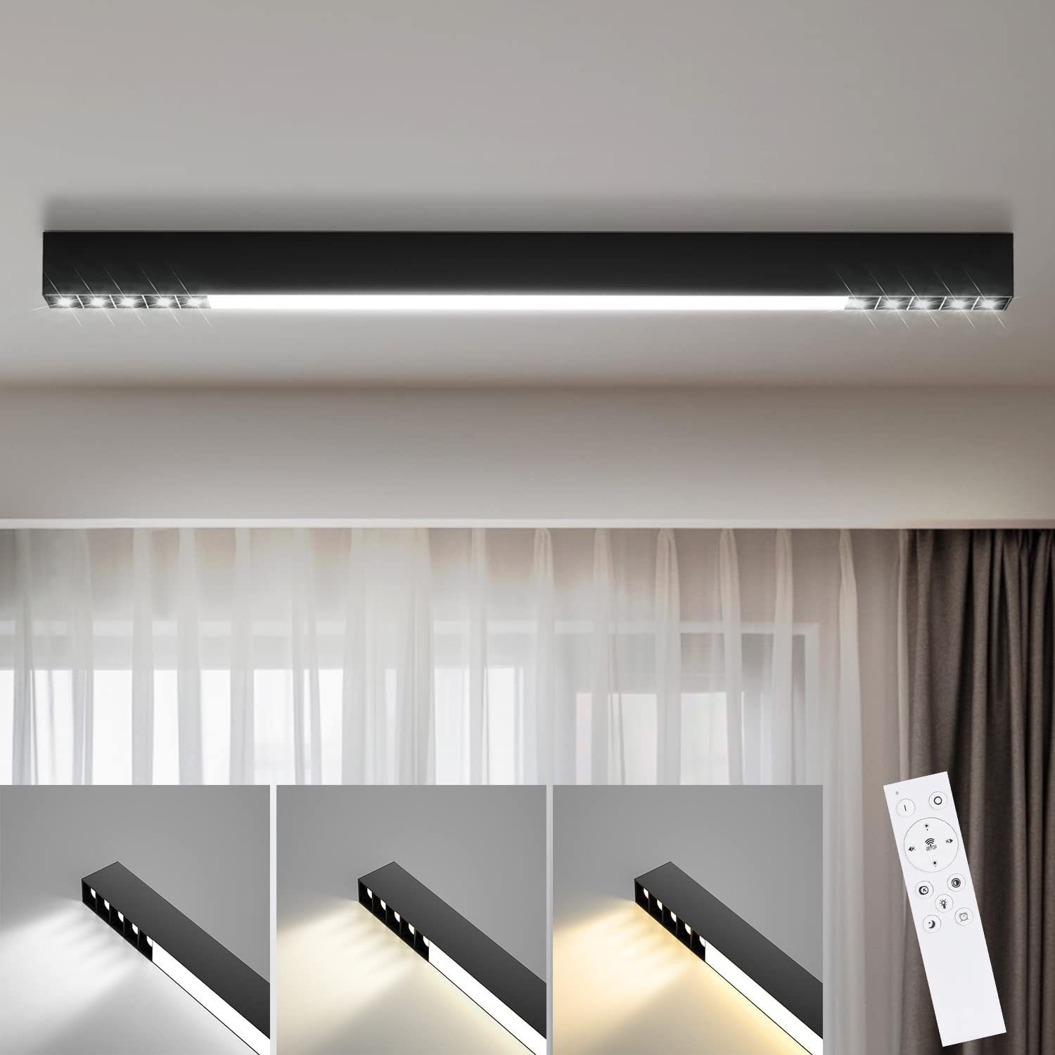 NETTLIFE LED loftlampe, sort 25W lang, moderne dæmpbar, stuelampe med fjernbetjening 80cm til kontor og soveværelse