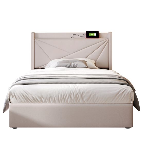 seng med opbevaring 90x200 cm beige i bomuldslinen med usb type c ladefunktion og sikkerhedsskinner