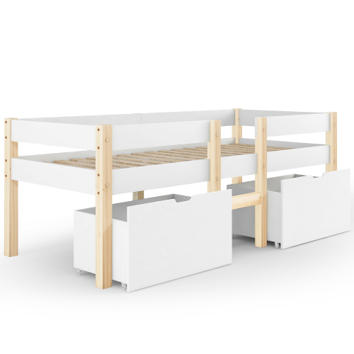 Børneseng 90 x 190 cm med skuffe og sikkerhedsgelænder, massivfyrretræ, hvid og eg