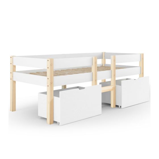 Børneseng 90 x 190 cm med skuffe og sikkerhedsgelænder, massivfyrretræ, hvid og eg