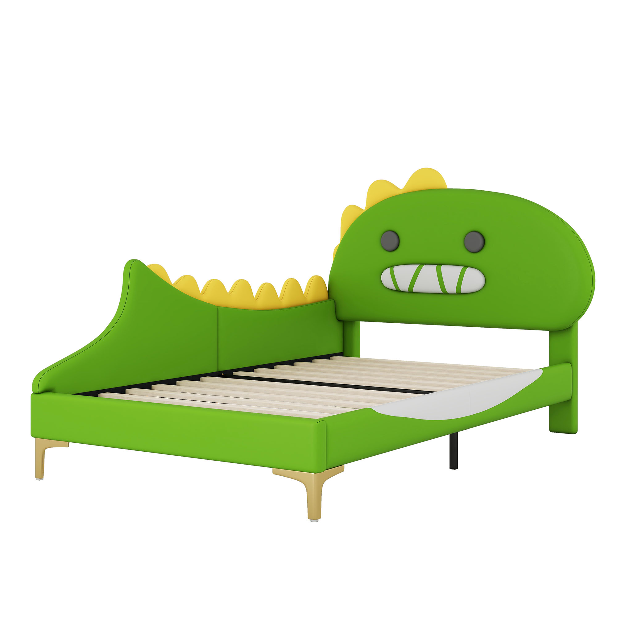 Børneseng 90x200cm tegneserie dinosaur-formet dobbeltseng PU+MDF grøn uden madras