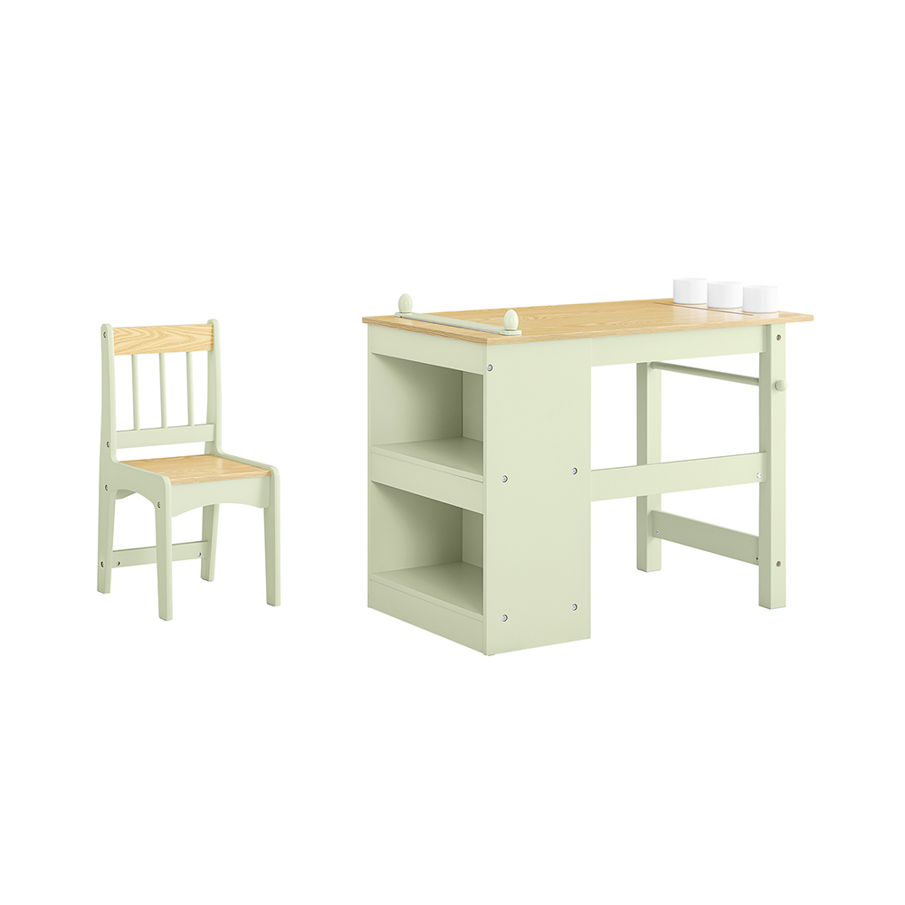 SoBuy KMB60-GR Børnebord med 1 stol, børnebord og -stole til flere aktiviteter med 2 hylder, tegne- og spillebord, skrivebordsstol til børn Grøn 80x50x66cm