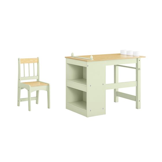 SoBuy KMB60-GR Børnebord med 1 stol, børnebord og -stole til flere aktiviteter med 2 hylder, tegne- og spillebord, skrivebordsstol til børn Grøn 80x50x66cm