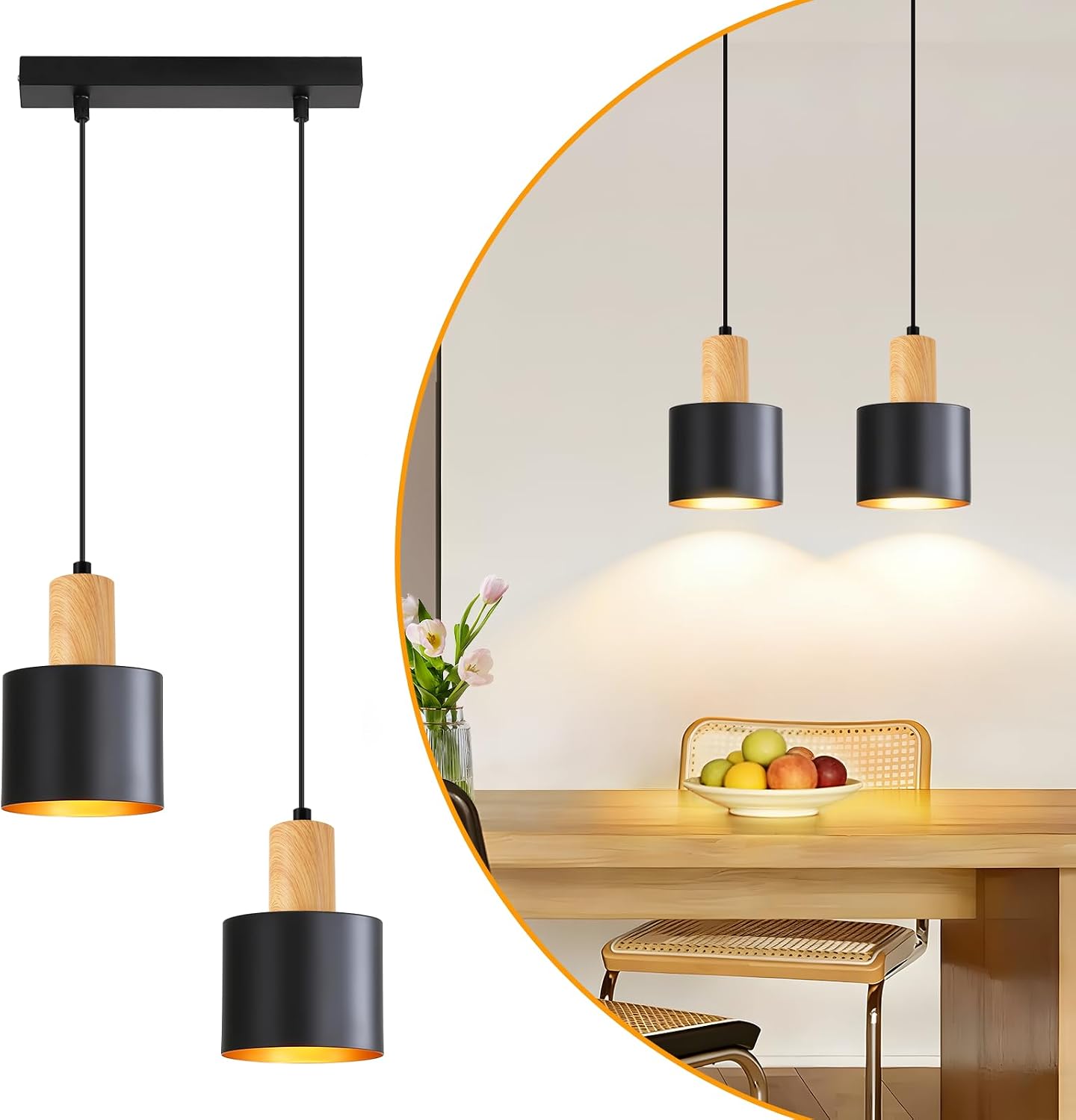 NETTLIFE Vintage pendellampe sort og guld - loftslampe til spisestue, justerbar højde til køkkenbord og køkkenø, E27, 2 lamper (pærer medfølger ikke)