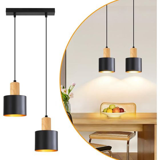 NETTLIFE Vintage pendellampe sort og guld - loftslampe til spisestue, justerbar højde til køkkenbord og køkkenø, E27, 2 lamper (pærer medfølger ikke)