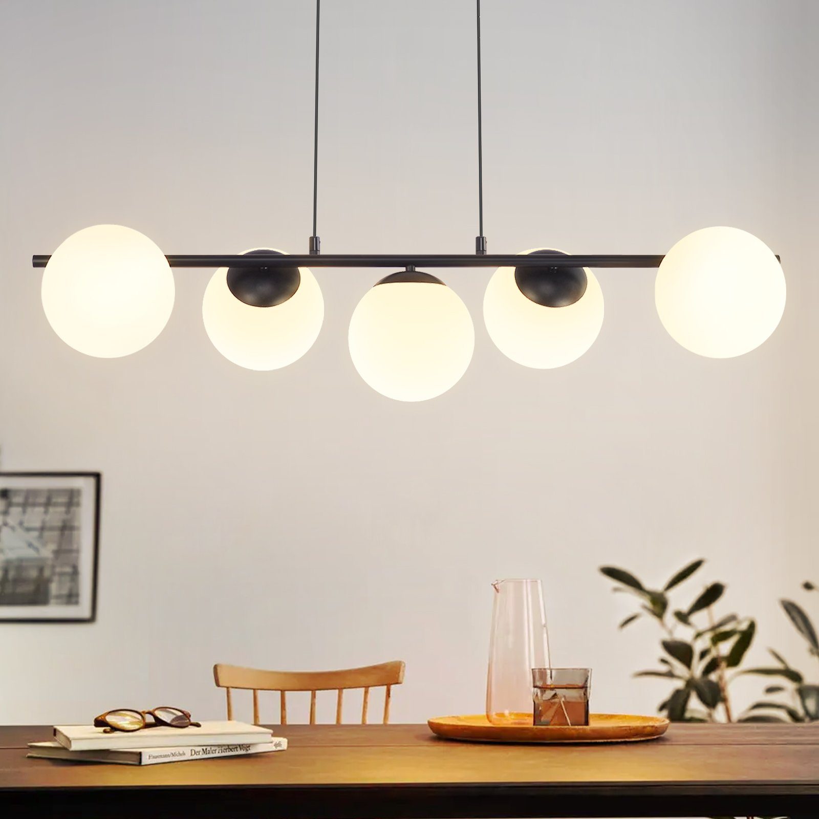 NETTLIFE pendellampe sort E27 glaspendellampe 5 flammer moderne spisestuelampe 150 cm