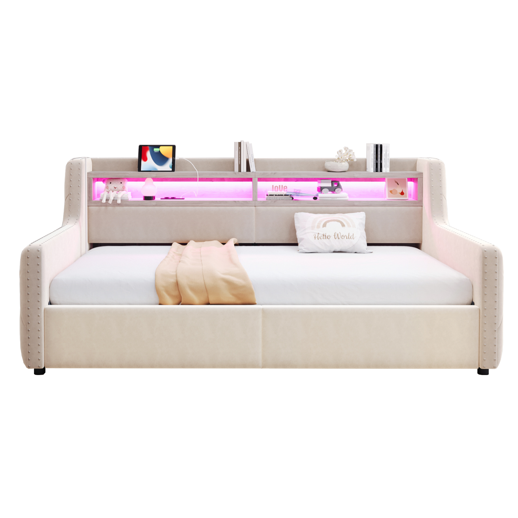 seng 90x200 cm beige i fløjl med hydraulisk opbevaring og LED-belysning
